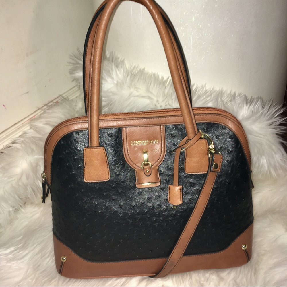 Black and Brown PU Ostrich London Fog handbag